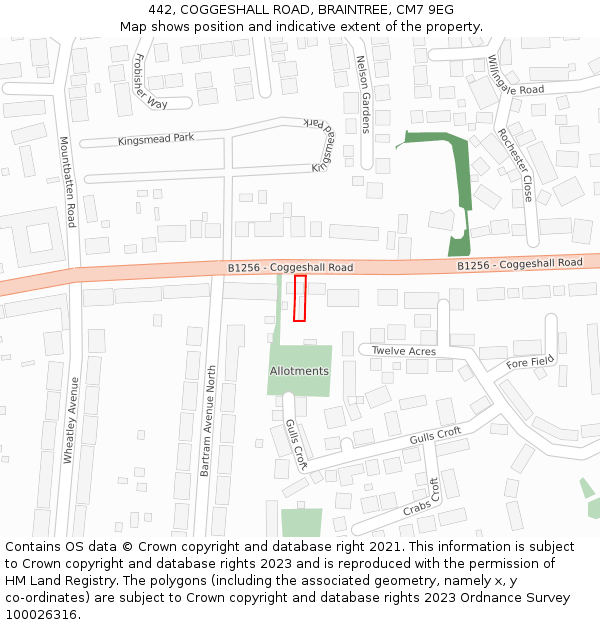 442, COGGESHALL ROAD, BRAINTREE, CM7 9EG: Location map and indicative extent of plot
