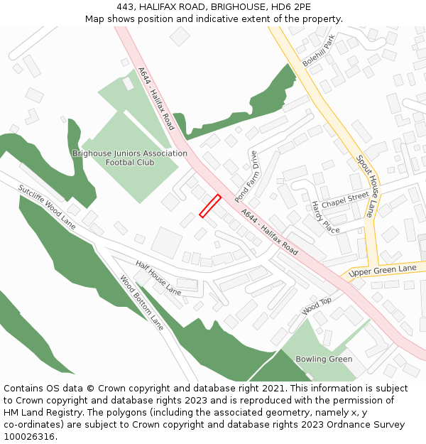 443, HALIFAX ROAD, BRIGHOUSE, HD6 2PE: Location map and indicative extent of plot