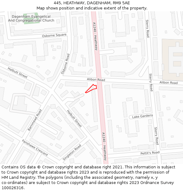 445, HEATHWAY, DAGENHAM, RM9 5AE: Location map and indicative extent of plot