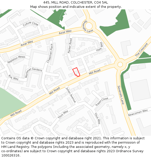 445, MILL ROAD, COLCHESTER, CO4 5AL: Location map and indicative extent of plot