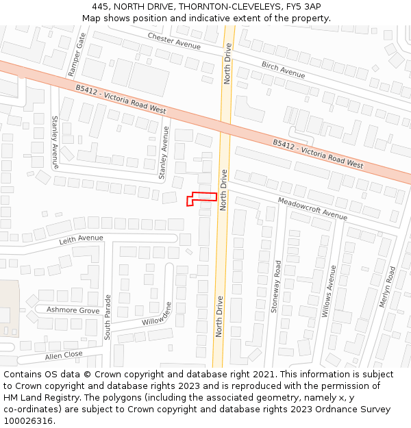 445, NORTH DRIVE, THORNTON-CLEVELEYS, FY5 3AP: Location map and indicative extent of plot