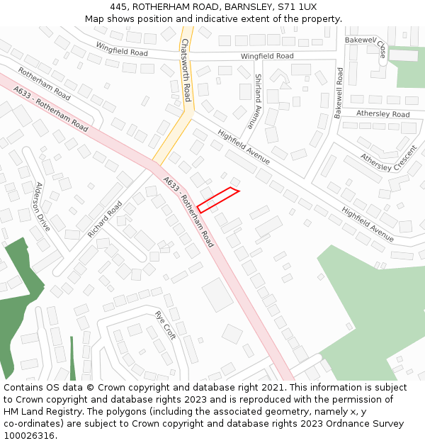 445, ROTHERHAM ROAD, BARNSLEY, S71 1UX: Location map and indicative extent of plot