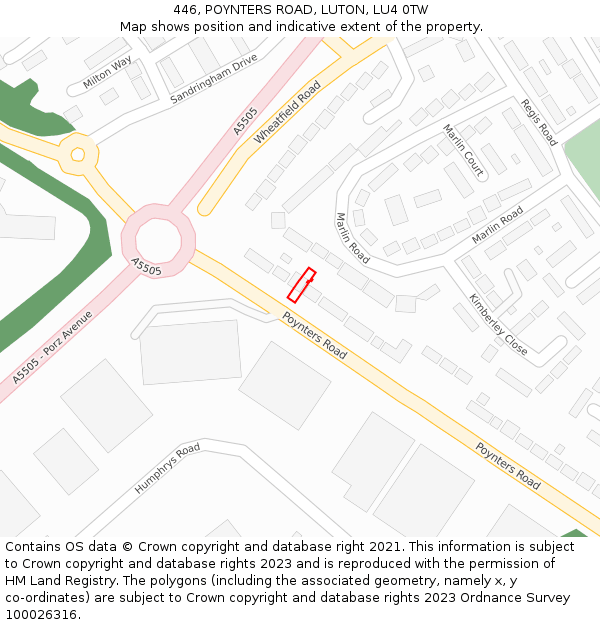 446, POYNTERS ROAD, LUTON, LU4 0TW: Location map and indicative extent of plot