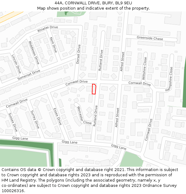 44A, CORNWALL DRIVE, BURY, BL9 9EU: Location map and indicative extent of plot