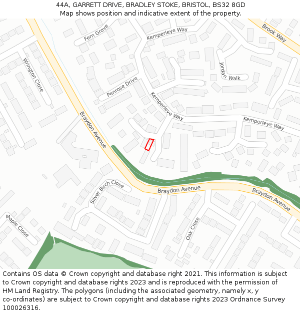 44A, GARRETT DRIVE, BRADLEY STOKE, BRISTOL, BS32 8GD: Location map and indicative extent of plot