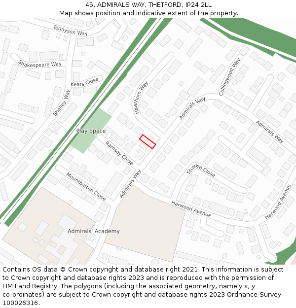 45, ADMIRALS WAY, THETFORD, IP24 2LL: Location map and indicative extent of plot