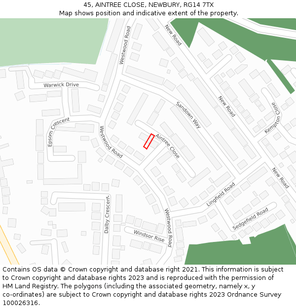 45, AINTREE CLOSE, NEWBURY, RG14 7TX: Location map and indicative extent of plot