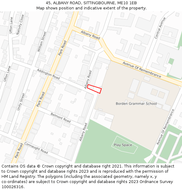 45, ALBANY ROAD, SITTINGBOURNE, ME10 1EB: Location map and indicative extent of plot