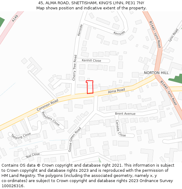 45, ALMA ROAD, SNETTISHAM, KING'S LYNN, PE31 7NY: Location map and indicative extent of plot
