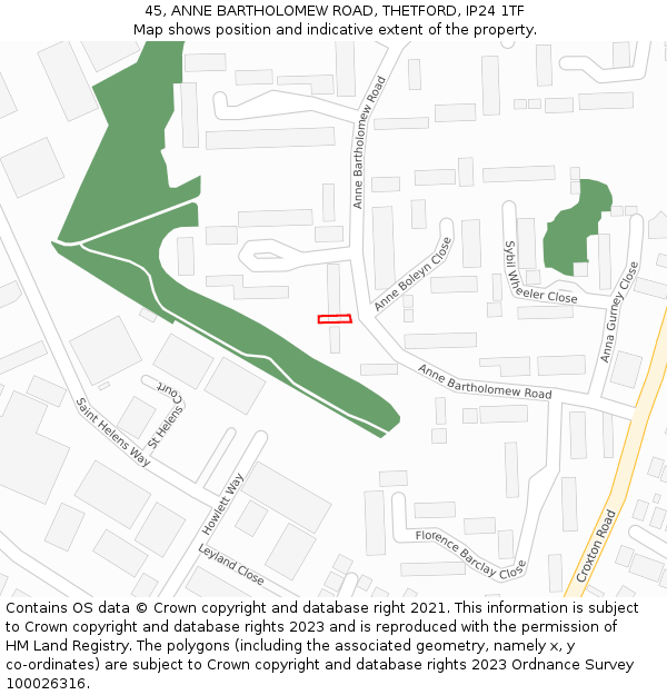 45, ANNE BARTHOLOMEW ROAD, THETFORD, IP24 1TF: Location map and indicative extent of plot