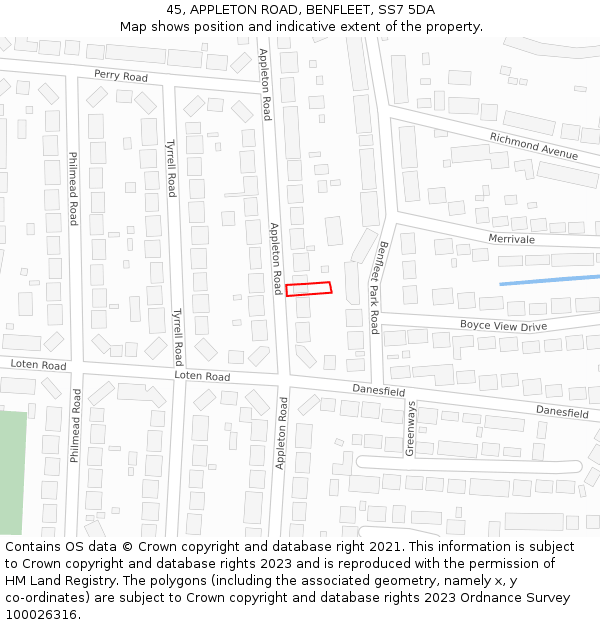 45, APPLETON ROAD, BENFLEET, SS7 5DA: Location map and indicative extent of plot