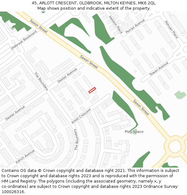 45, ARLOTT CRESCENT, OLDBROOK, MILTON KEYNES, MK6 2QL: Location map and indicative extent of plot