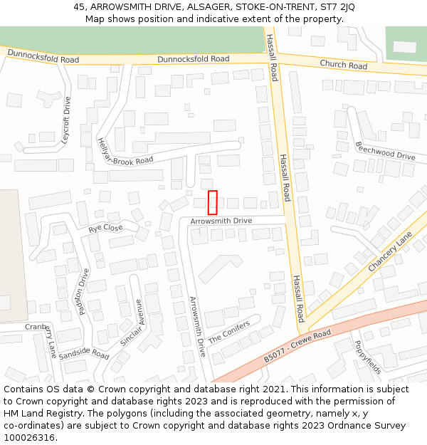 45, ARROWSMITH DRIVE, ALSAGER, STOKE-ON-TRENT, ST7 2JQ: Location map and indicative extent of plot