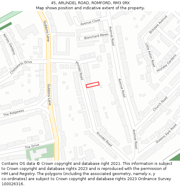 45, ARUNDEL ROAD, ROMFORD, RM3 0RX: Location map and indicative extent of plot