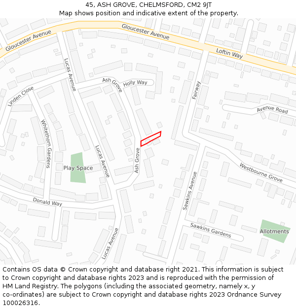 45, ASH GROVE, CHELMSFORD, CM2 9JT: Location map and indicative extent of plot