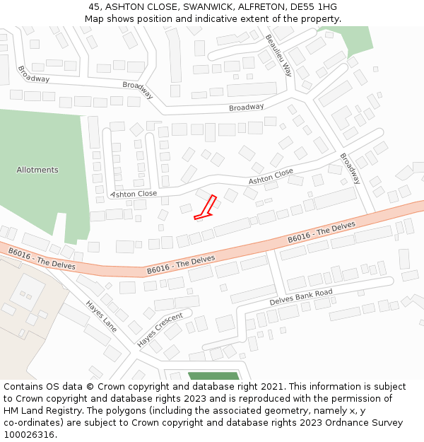 45, ASHTON CLOSE, SWANWICK, ALFRETON, DE55 1HG: Location map and indicative extent of plot