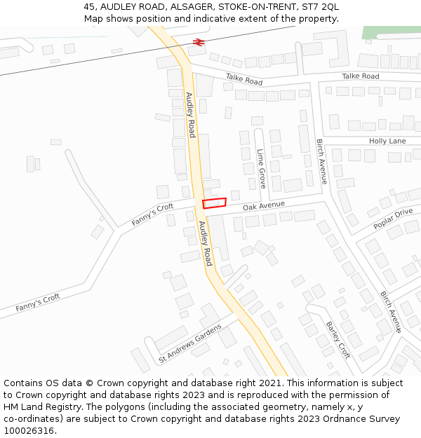 45, AUDLEY ROAD, ALSAGER, STOKE-ON-TRENT, ST7 2QL: Location map and indicative extent of plot