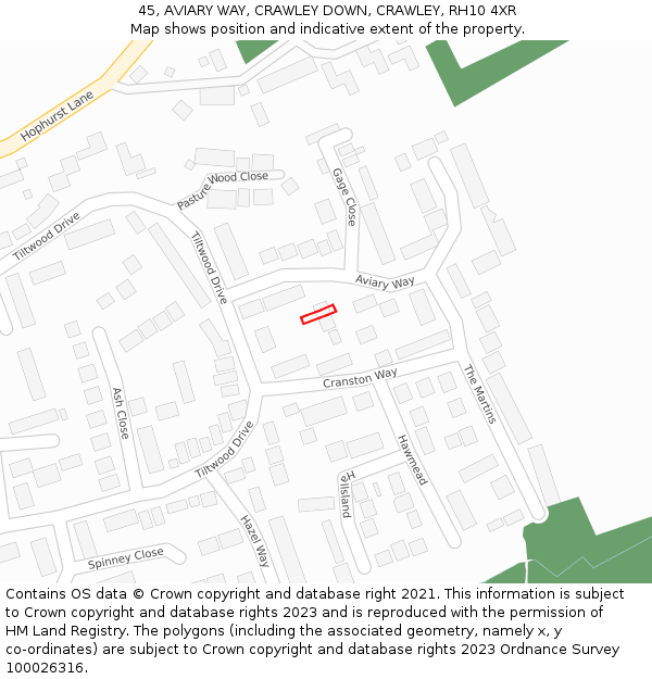 45, AVIARY WAY, CRAWLEY DOWN, CRAWLEY, RH10 4XR: Location map and indicative extent of plot