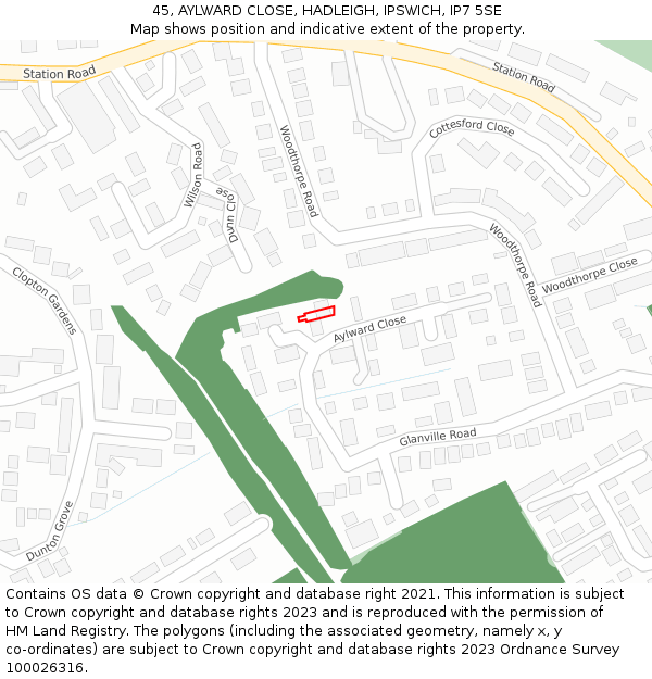 45, AYLWARD CLOSE, HADLEIGH, IPSWICH, IP7 5SE: Location map and indicative extent of plot
