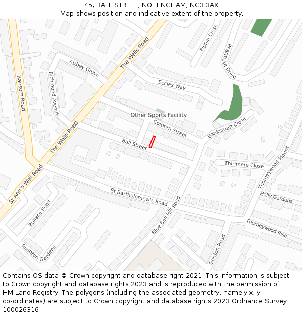 45, BALL STREET, NOTTINGHAM, NG3 3AX: Location map and indicative extent of plot