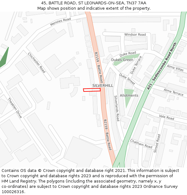 45, BATTLE ROAD, ST LEONARDS-ON-SEA, TN37 7AA: Location map and indicative extent of plot