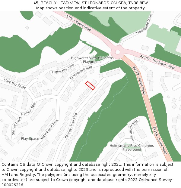 45, BEACHY HEAD VIEW, ST LEONARDS-ON-SEA, TN38 8EW: Location map and indicative extent of plot