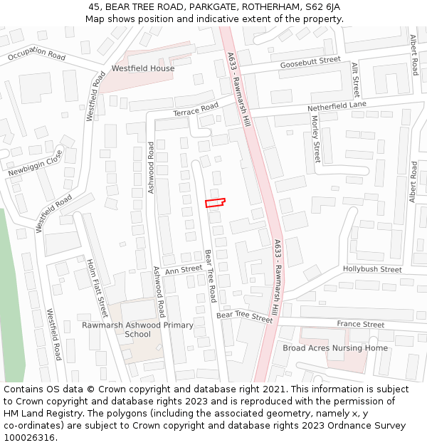 45, BEAR TREE ROAD, PARKGATE, ROTHERHAM, S62 6JA: Location map and indicative extent of plot