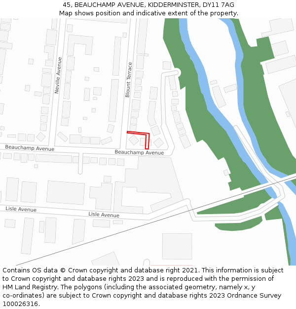 45, BEAUCHAMP AVENUE, KIDDERMINSTER, DY11 7AG: Location map and indicative extent of plot