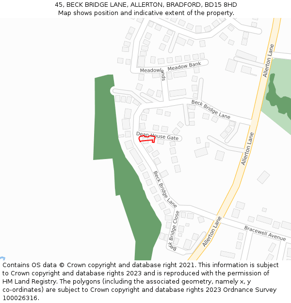 45, BECK BRIDGE LANE, ALLERTON, BRADFORD, BD15 8HD: Location map and indicative extent of plot