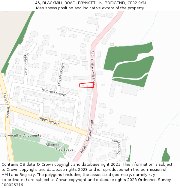 45, BLACKMILL ROAD, BRYNCETHIN, BRIDGEND, CF32 9YN: Location map and indicative extent of plot