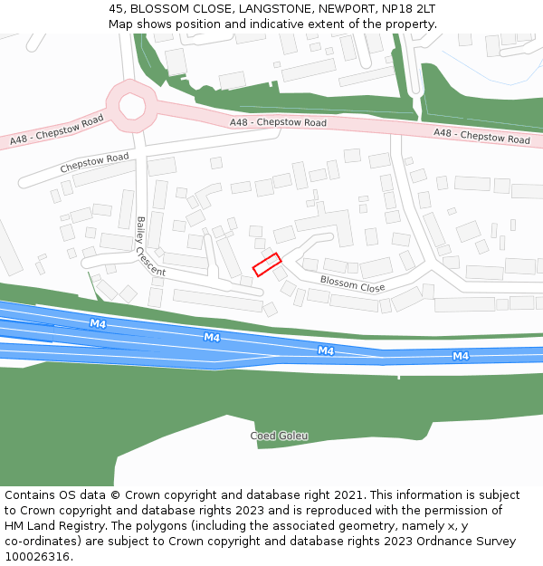 45, BLOSSOM CLOSE, LANGSTONE, NEWPORT, NP18 2LT: Location map and indicative extent of plot