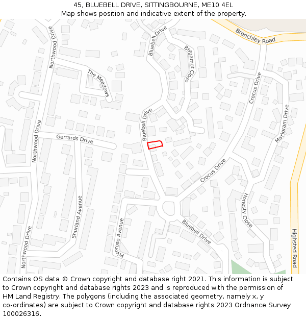 45, BLUEBELL DRIVE, SITTINGBOURNE, ME10 4EL: Location map and indicative extent of plot