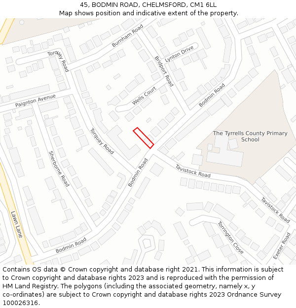 45, BODMIN ROAD, CHELMSFORD, CM1 6LL: Location map and indicative extent of plot