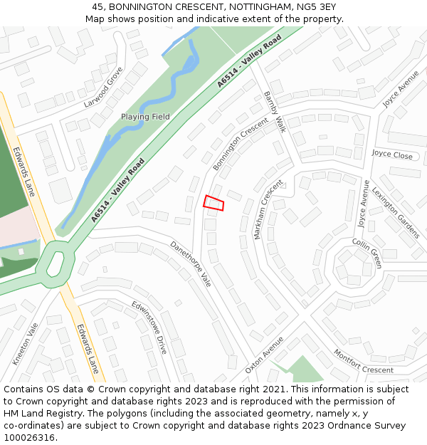 45, BONNINGTON CRESCENT, NOTTINGHAM, NG5 3EY: Location map and indicative extent of plot