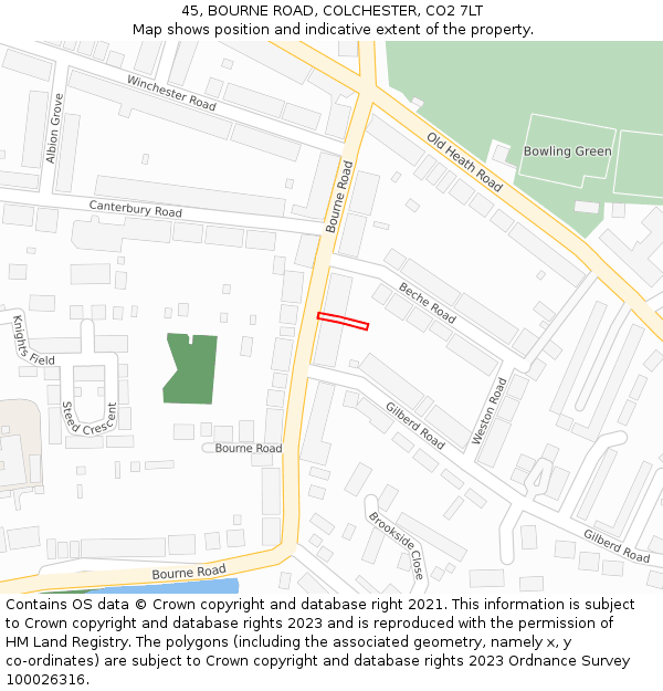 45, BOURNE ROAD, COLCHESTER, CO2 7LT: Location map and indicative extent of plot