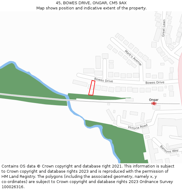 45, BOWES DRIVE, ONGAR, CM5 9AX: Location map and indicative extent of plot