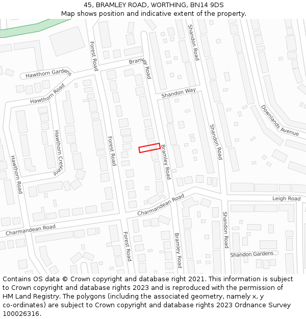 45, BRAMLEY ROAD, WORTHING, BN14 9DS: Location map and indicative extent of plot
