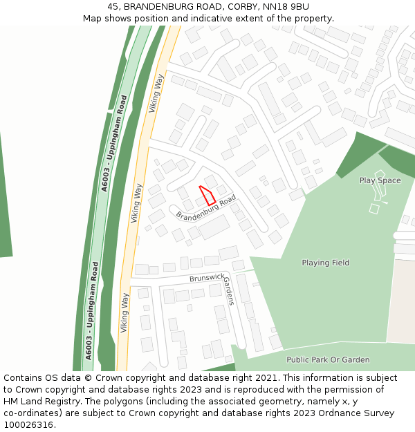 45, BRANDENBURG ROAD, CORBY, NN18 9BU: Location map and indicative extent of plot