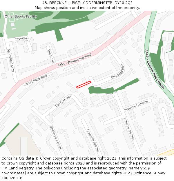 45, BRECKNELL RISE, KIDDERMINSTER, DY10 2QF: Location map and indicative extent of plot