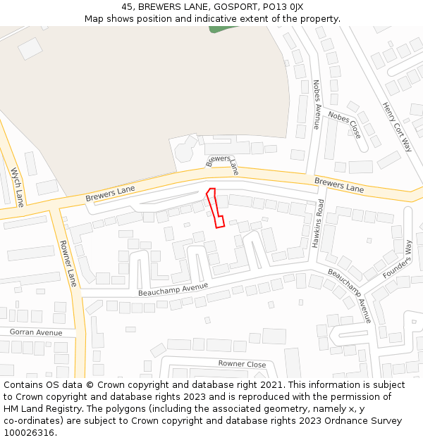 45, BREWERS LANE, GOSPORT, PO13 0JX: Location map and indicative extent of plot