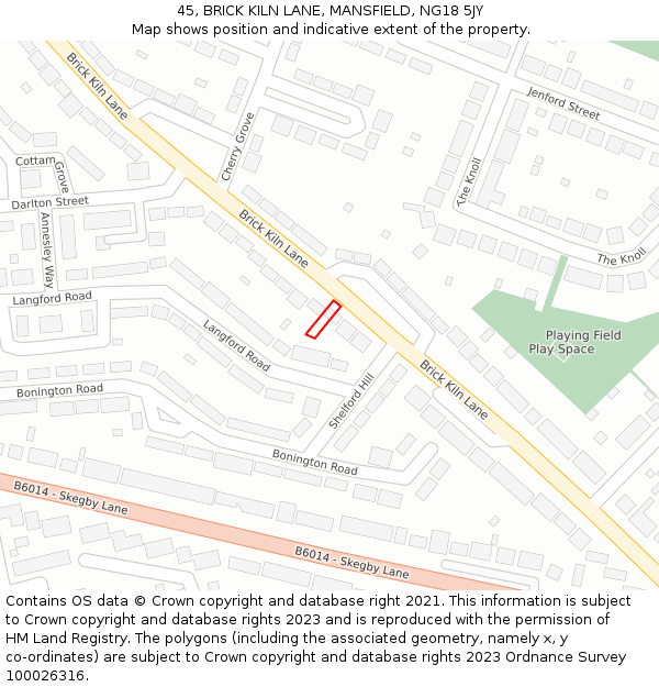 45, BRICK KILN LANE, MANSFIELD, NG18 5JY: Location map and indicative extent of plot