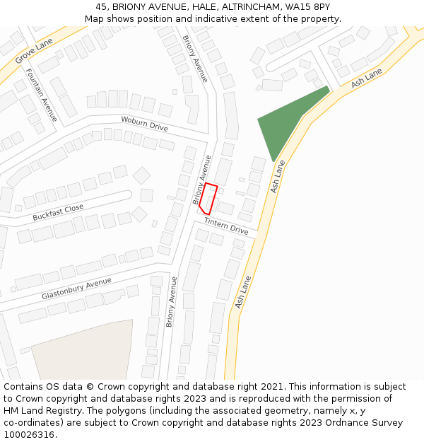 45, BRIONY AVENUE, HALE, ALTRINCHAM, WA15 8PY: Location map and indicative extent of plot