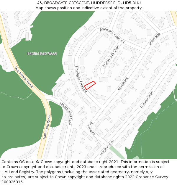 45, BROADGATE CRESCENT, HUDDERSFIELD, HD5 8HU: Location map and indicative extent of plot