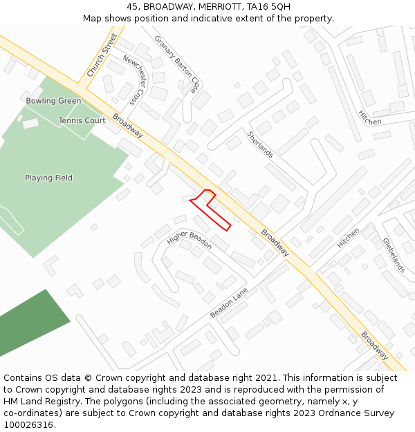 45, BROADWAY, MERRIOTT, TA16 5QH: Location map and indicative extent of plot