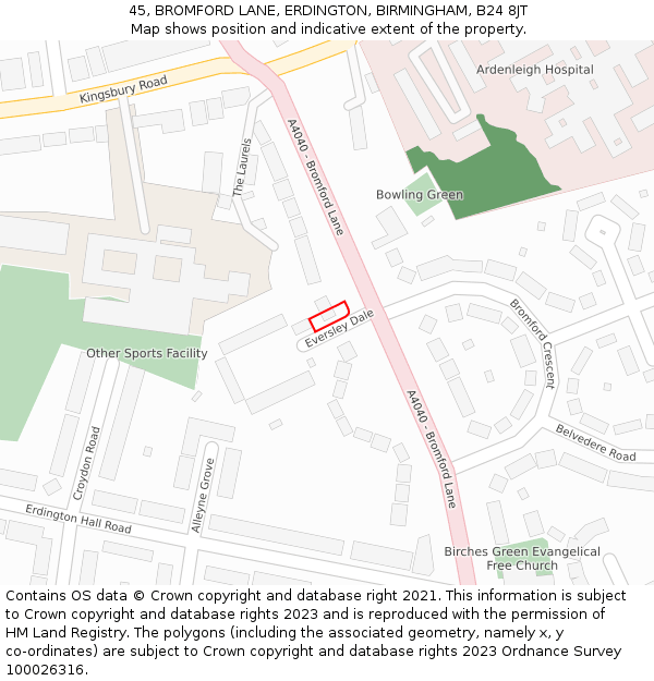 45, BROMFORD LANE, ERDINGTON, BIRMINGHAM, B24 8JT: Location map and indicative extent of plot