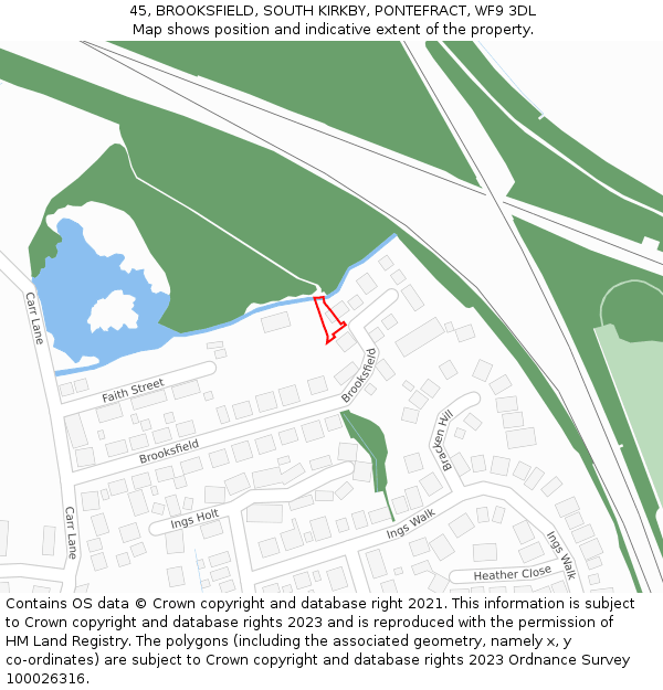 45, BROOKSFIELD, SOUTH KIRKBY, PONTEFRACT, WF9 3DL: Location map and indicative extent of plot