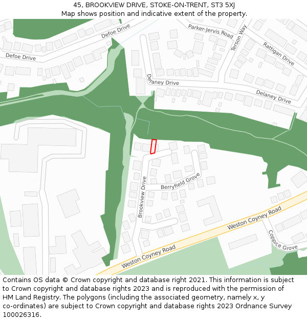 45, BROOKVIEW DRIVE, STOKE-ON-TRENT, ST3 5XJ: Location map and indicative extent of plot