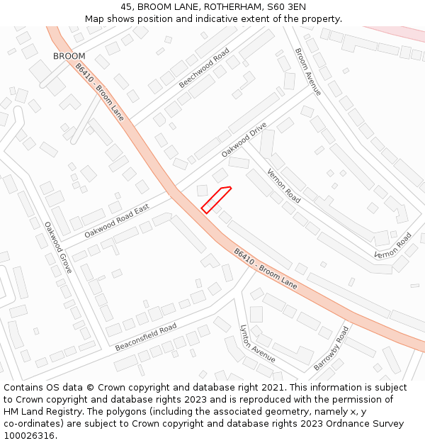 45, BROOM LANE, ROTHERHAM, S60 3EN: Location map and indicative extent of plot