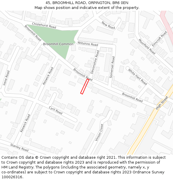 45, BROOMHILL ROAD, ORPINGTON, BR6 0EN: Location map and indicative extent of plot