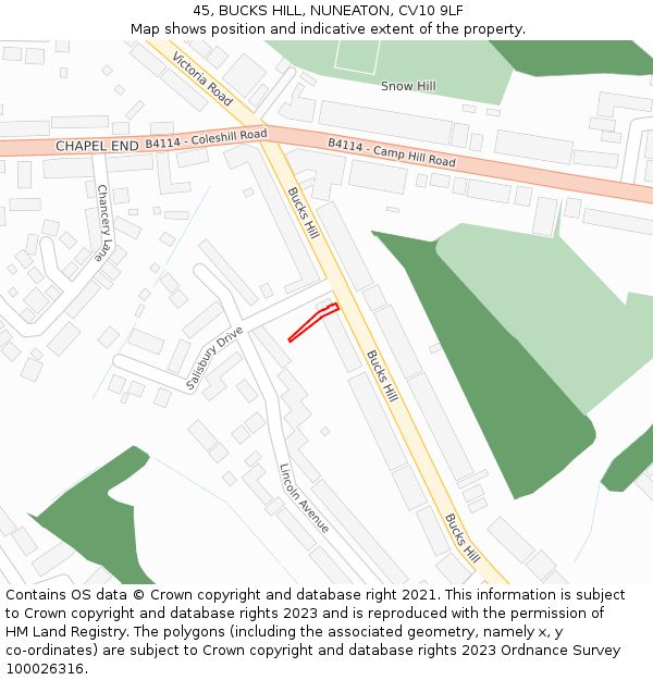 45, BUCKS HILL, NUNEATON, CV10 9LF: Location map and indicative extent of plot